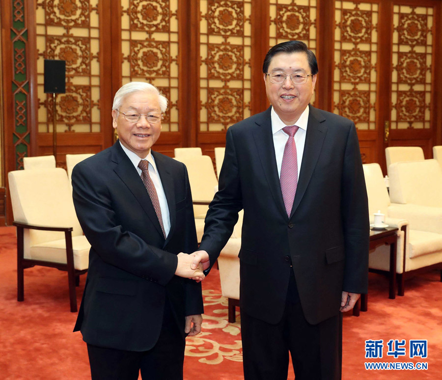 1月13日，中共中央政治局常委、全國(guó)人大常委會(huì)委員長(zhǎng)張德江在北京人民大會(huì)堂會(huì)見(jiàn)越共中央總書記阮富仲。 新華社記者 劉衛(wèi)兵 攝