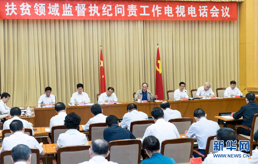 7月3日，中共中央政治局常委、中央紀(jì)委書記王岐山在北京出席扶貧領(lǐng)域監(jiān)督執(zhí)紀(jì)問責(zé)工作電視電話會(huì)并講話。 新華社記者丁海濤攝