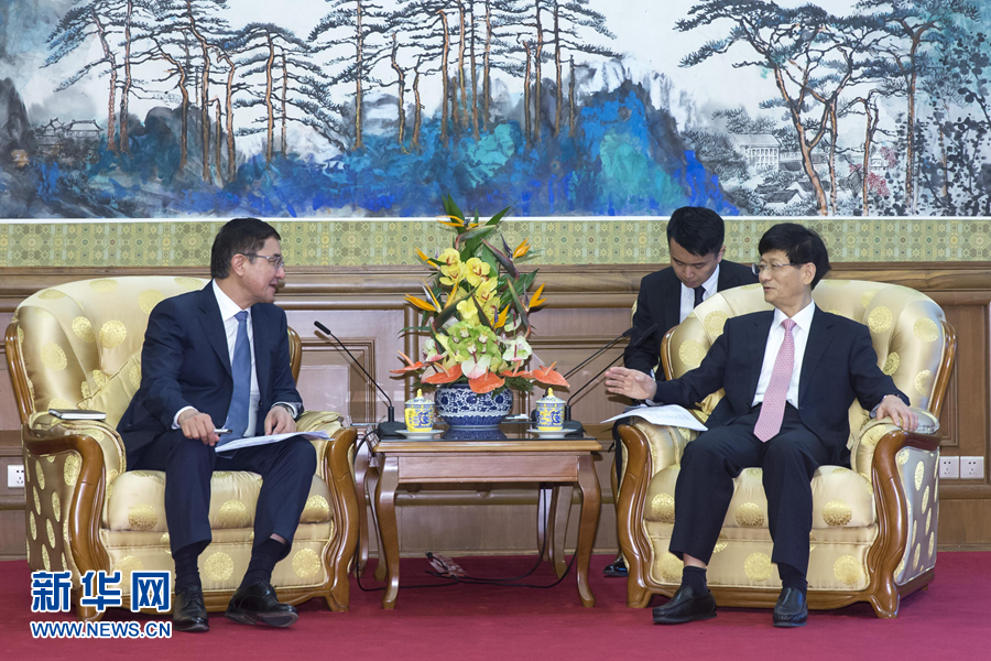 7月19日，中共中央政治局委員、中央政法委書記孟建柱在北京會見烏茲別克斯坦副總理庫奇卡羅夫。 新華社記者崔新鈺攝