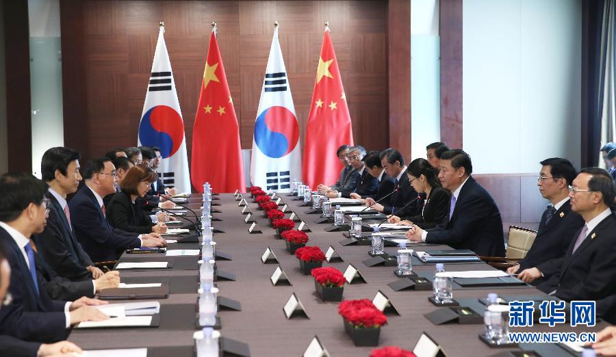 7月4日，國家主席習(xí)近平在首爾會見韓國總理鄭烘原。 新華社記者謝環(huán)馳攝 