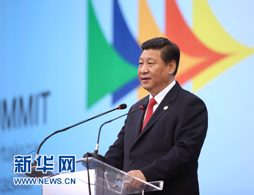 7月15日，國家主席習(xí)近平在巴西福塔萊薩出席金磚國家領(lǐng)導(dǎo)人第六次會(huì)晤并發(fā)表重要講話。 新華社記者 蘭紅光 攝