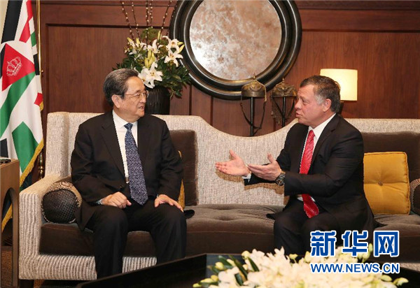 11月9日，正在約旦進行正式友好訪問的全國政協(xié)主席俞正聲在安曼會見約旦國王阿卜杜拉二世。 新華社記者 劉衛(wèi)兵 攝 