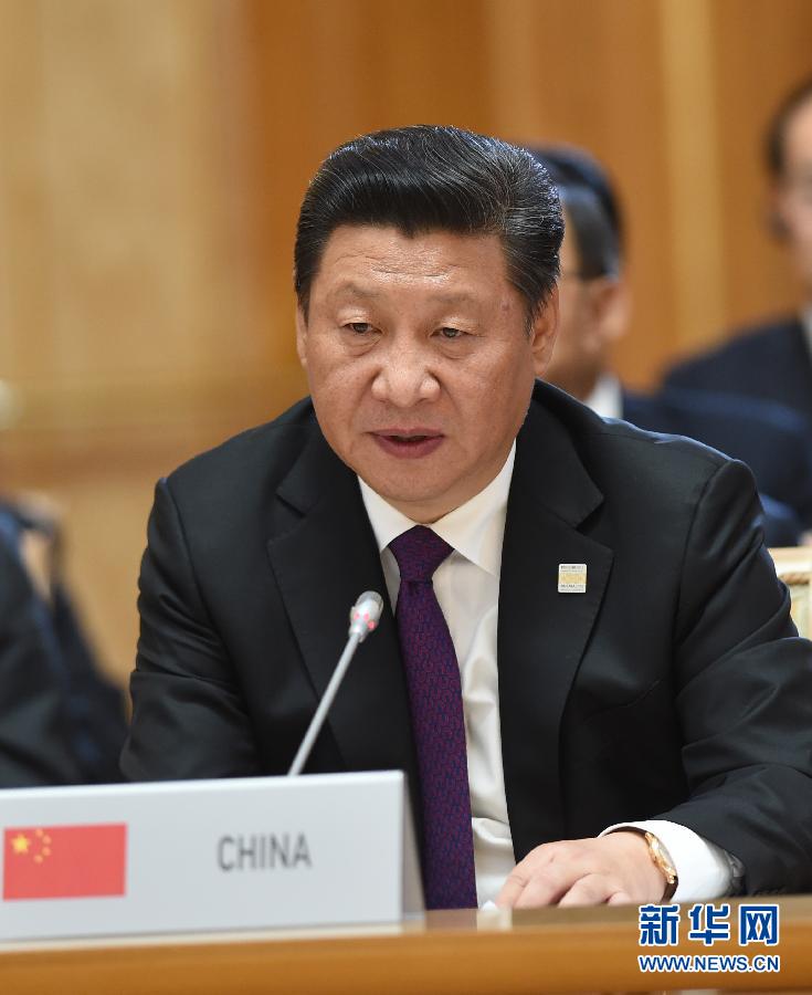 7月9日，金磚國家領導人第七次會晤在俄羅斯烏法舉行。中國國家主席習近平、俄羅斯總統(tǒng)普京、巴西總統(tǒng)羅塞夫、印度總理莫迪、南非總統(tǒng)祖馬出席。這是習近平發(fā)表題為《共建伙伴關系　共創(chuàng)美好未來》的主旨講話。新華社記者 饒愛民 攝 