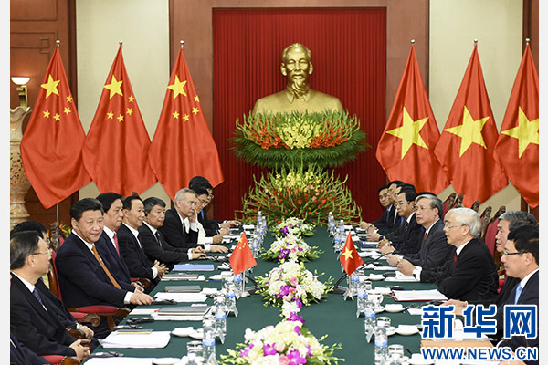 11月5日，中共中央總書記、國家主席習近平在河內同越共中央總書記阮富仲舉行會談。 新華社記者李學仁攝