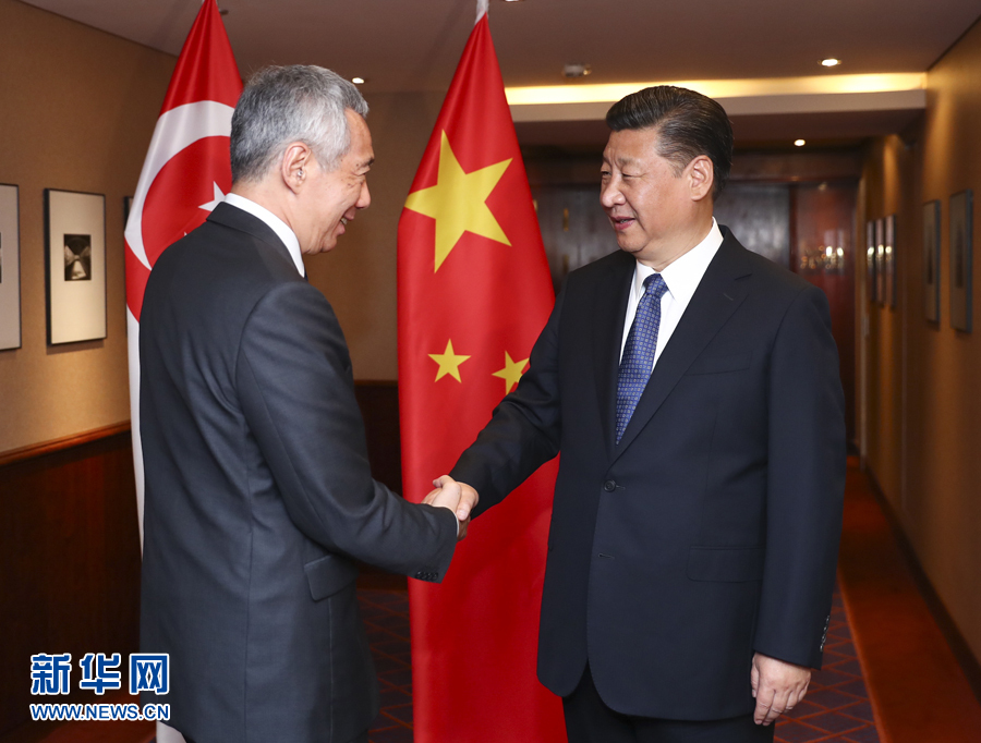 7月6日，國家主席習近平在漢堡會見新加坡總理李顯龍。 新華社記者謝環(huán)馳 攝